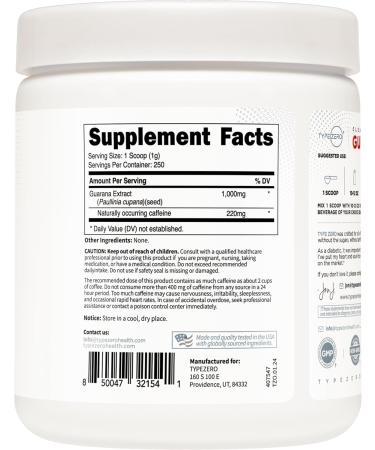 Type Zero Clean Guarana Powder Drink Mix - 250 Servings 220mg Natural Caffeine Non-GMO Gluten-Free - Buy Online on GoSupps.com