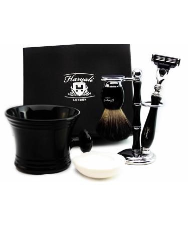 Haryali London Men's Shaving Set with 3 Razor Blades Pure Black Badger Razor Brush Stand Mug and Soap