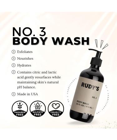 RUDY'S No. 3 Body Wash - Natural Ingredients, Sulfate & Paraben Free - 16 fl oz, Exfoliates, Nourishes, pH Balance - Pack of 1 - Buy Online on GoSupps.com