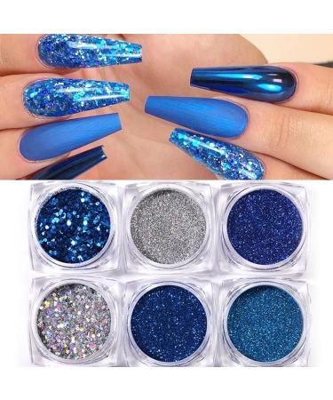6 Boxes Holographic Nail Glitter Powder Set - Blue & Silver | Metallic Shining Flakes for Nail Art Decoration - Buy Online on GoSupps.com