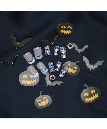 Shop Halloween Press On Nails - Medium Square French Fake Nails with White Spider Web | 24 Pcs Glossy Acrylic Nails for Women & Girls - Perfect for Nightmare Before Christmas - Buy Online on GoSupps.com