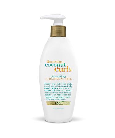 OGX Quenching + Coconut Curls Frizz-Defying Curl Styling Milk, Nourishing Leave-In Hair Treatment with Coconut Oil, Citrus Oil & Honey, Paraben-Free and Sulfated-Surfactants Free, 6 fl oz