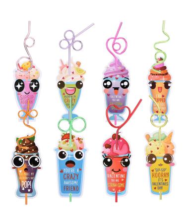 Sempoda Valentines Day Cards for Kids 32 Pack Crazy Drinking Card with Straws Cute Valentine Exchange Cards for Girls Boys School Classroom Party Favors