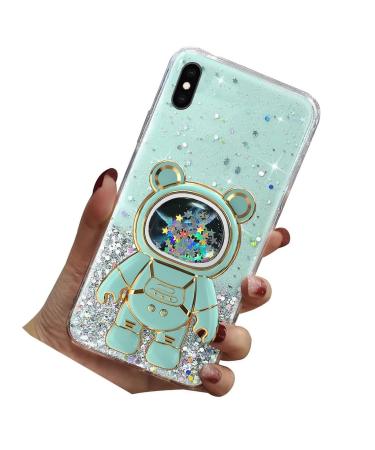 Rnrieyta Magon B r Astronaut Stand Cover Glitzer for iPhone XS/X Cute girls thin crystal protective cover Treisand bling transparent case bumper with astronaut holder kickstand green iPhone XS/x green