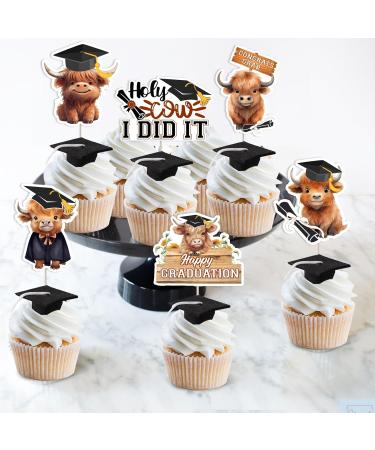 JOYMEMO 24 Pcs Highland Cow Graduation Cupcake Toppers - Brown Holy Cow I Graduated Decorations Double Sided Farm Animal Cow Themed Graduation Cake Decor for Class of 2024 Congrats Grad Party - Buy Online on GoSupps.com
