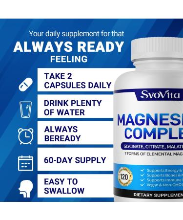 Magnesium Complex Supplement with 7 Forms of Magnesium Glycinate Malate Citrate & More High Absorption for Bones Muscle Recovery Energy Vegan Non-GMO 120 Capsules - Buy Online on GoSupps.com