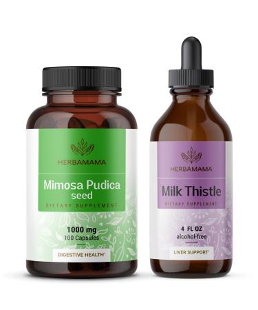 HERBAMAMA Mimosa Pudica and Milk Thistle Kit - Bundle of 1000 mg Mimosa Pudica Capsules & Milk Thistle Tincture 4 fl oz - Vegan Non-GMO Sugar & Alcohol-Free - 2 Pack