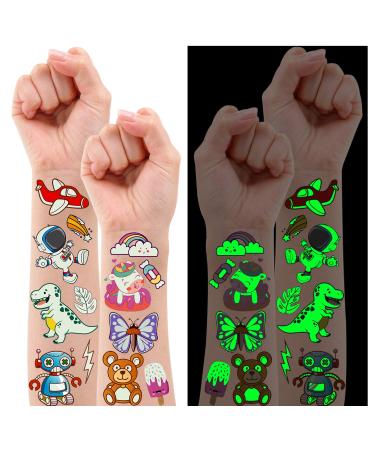 Partywind 380 Styles (30 Sheets) Luminous Tattoos for Kids, Mixed Styles Temporary Tattoos Stickers with Unicorn/Mermaid/Dinosaur/Outer Space/Pirate for Boys and Girls, Glow Party Supplies Gifts for Children Cartoon