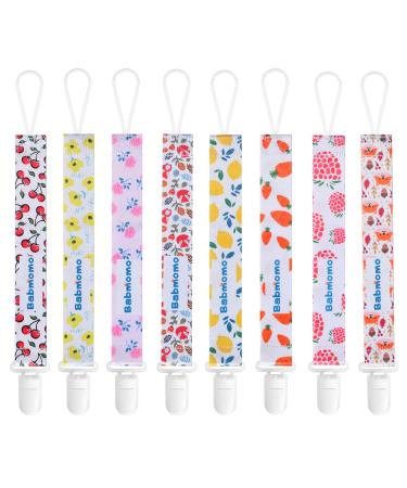 Babmomo Pacifier Clip 8 Pack Pacifier Holder for Boys and Girls Stylish Binkie Clip Strap Fits Most Pacifier Styles and Newborn Teether Toys &Baby Gift 8Pack Flower Fruit