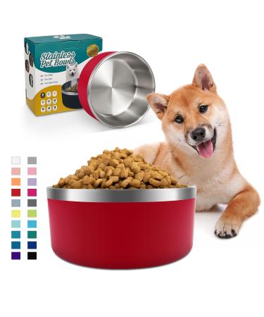 IKITCHEN Dog Bowl for Food and Water 64 Oz Stainless Steel Pet Feeding Bowl Durable Non-Skid Double Wall Insulated Heavy Duty with Rubber Bottom for Medium Large Sized Dogs (64 Ounces/8 Cup Red) 64 Ounces Red