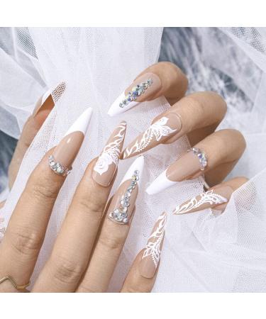 Sethexy Long Stiletto False Nails - Pink Flower Glossy Press-On Nail Tips (24 pcs) for Women & Girls - Acrylic French Nail Art - Buy Online on GoSupps.com