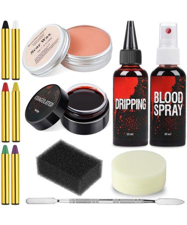 Ptesuply SFX Halloween Makeup Kit Fake Blood for Halloween Adult Makeup Kit Contains Scar Wax Fake Blood Spray + Drops + Coagulated Gel 6 Colors