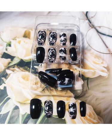 Rose Flower Press-On Nails for DIY Manicure | 24 Glossy Black Acrylic Coffin Fake Nails with Gel Glue - Chic Rose Design for Women & Girls - Buy Online on GoSupps.com