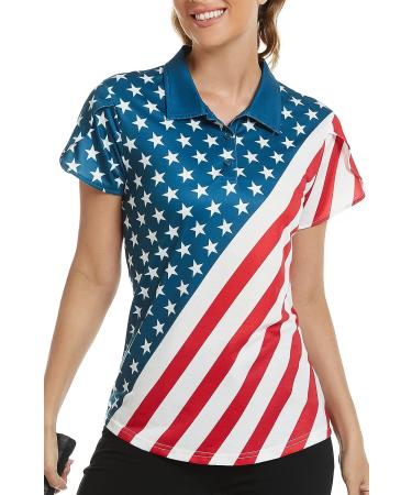 VALANCH Women's Short Sleeve Golf Polo Shirt - Lightweight Tennis Apparel with Large American Flag Print - Buy Online on GoSupps.com