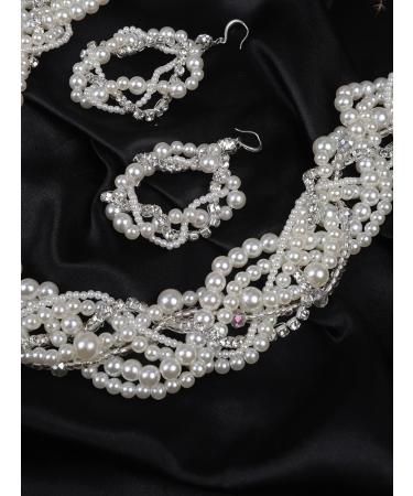 Deniferymakeup Bride Wedding Hair Vine and Earrings Set Pearl Hair Accessories Silver Rhinestone Bride Headband for Women and Girls White - Buy Online on GoSupps.com
