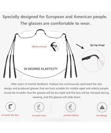 Hubeye 2 Pairs Half Moon Reading Glasses - Metal Slim Frame, Ultra Thin Lens, Spring Hinges - 2.00 Dioptres - Black/Gray - Men and Women - Buy Online on GoSupps.com
