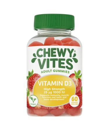 Chewy Vites Adults High Strength Vit D3 60 Gummy Vitamins | 25 micrograms 100 IU | 2 Months Supply | Delicious Taste | Vegan | Real Fruit Juice 60 Count (Pack of 1) Adults High Strength Vit D3