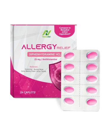 Antihistamine Allergy Relief Diphenhydramine HCL 25mg - 24 Caplets - Allergy Medicine for Adults and Children - Decongestant for Nasal Allergies Runny Nose Watery Eyes Itchy Throat 24 Caplets Blister Pack