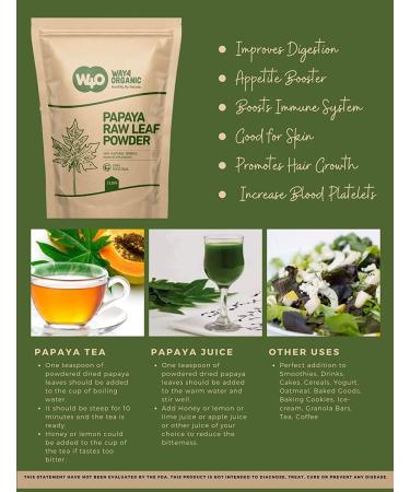 Papaya Leaf Powder 16 oz - 100% Pure Leaves, Ideal for Tea and Juice, Dried from Fresh Green Leaves - Way4Organic - Buy Online on GoSupps.com