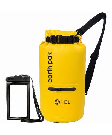 Earth Pak- Waterproof Dry Bag with Front Zippered Pocket Keeps Gear Dry for Kayaking, Beach, Rafting, Boating, Hiking, Camping and Fishing with Waterproof Phone Case 10L Yellow
