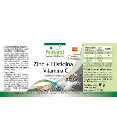 Fairvital | Zinc + Histidine + Vitamin C - for 3 months - with 300mg of Vitamin C 10mg of Zinc & 100mg of Histidine per capsule - Vegan - 90 capsules - Buy Online on GoSupps.com