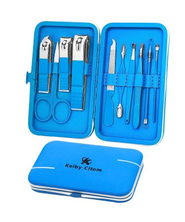 Manicure Set 10pcs Professional Nail Clippers Kit Pedicure Care Tools-Stainless Steel Grooming Tools for Travel (Blue)