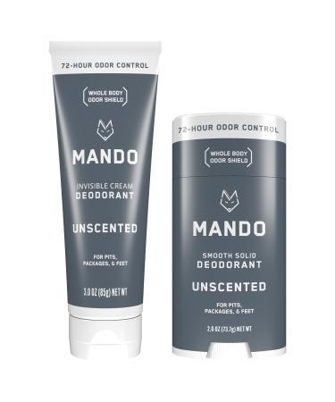 Mando Whole Body Deodorant - Invisible Cream Tube and Solid Stick - 72 Hour Odor Control - Aluminum Free Baking Soda Free Skin Safe - 3.0 Ounce Tube and 2.6 Ounce Solid Stick Bundle - Unscented