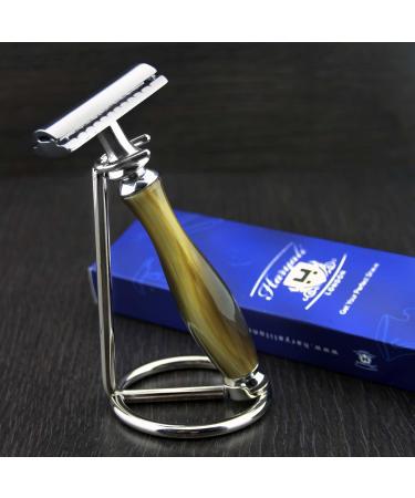 DE Safety Shaving Razor with Horn Handle & Stand | Premium Gents Grooming Essentials | Perfect Gift for Him - Buy Online on GoSupps.com