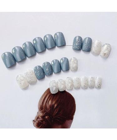 24Pcs Short Square Blue Marble French Tip Press On Nails for Women - Glossy Acrylic Fake Nails with Designs - Buy Online on GoSupps.com