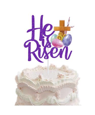 He is Risen Cake Topper Purple Glitter Jesus Easter Cake Pick for Jesus Easter Christian Holiday Cross Party Cake Decoration