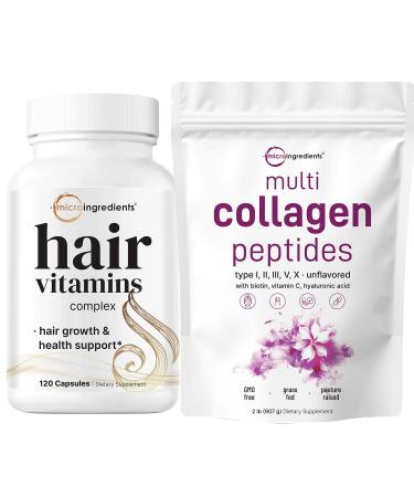 Micro Ingredients Multi Collagen Protein Powder 2 Pounds & Hair Vitamins Complex Capsules Bundle Pack | Grass-Fed Collagen Peptides | 14-in-1 Advanced Hair Growth Support