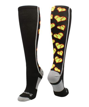 MadSportsStuff Softball Socks with Love Softball Hearts for Girls or Women - Athletic Over the Calf Socks Black/Grey Medium