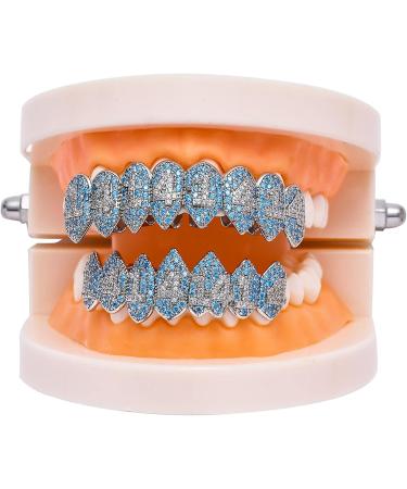 Hip Hop Blue Zircon Teeth Grillz Top Bottom Tooth Cap Decor Dental Grills for Unisex Rapper Jewelry Silver lower teeth - Buy Online on GoSupps.com