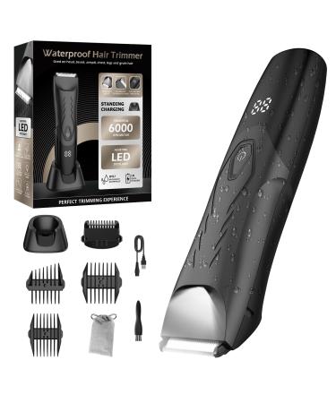 Favrison Pubic Body Hair Trimmer Men All in One Hair Clippers Ball Trimmer with Ceramic Blade Waterproof Groin Hair Trimmer Body Groomer w/Light Recharge Dock & LED Display