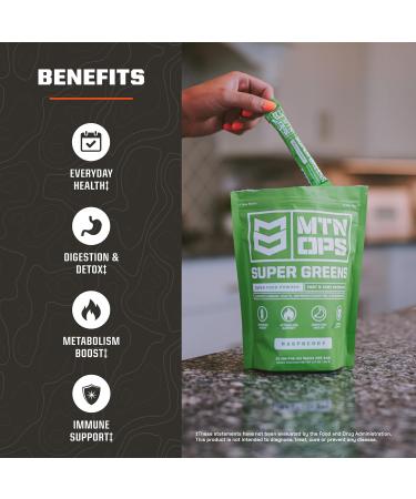 MTN OPS Super Greens Superfood Drink Mix Daily Greens Powder with Organic Superfoods Chlorophyll Digestive & Immune Support Raspberry Flavor 30 On-The-Go Stick Packs To-Go Sticks Raspberry - Buy Online on GoSupps.com
