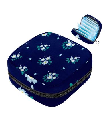 Menstruation pad bag with zipper women's napkin bag tampons collective bags for women and girls (light blue floral royal blue background)