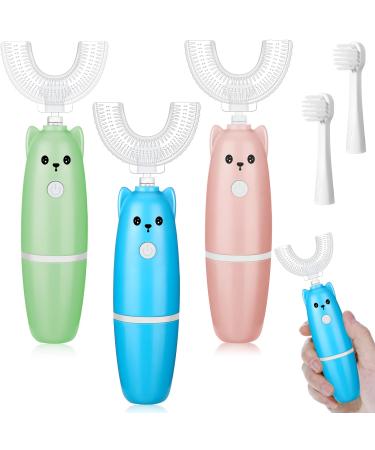 3 Pcs Kids Electric U Shaped Toothbrush Toddler Electric Toothbrush 360 Whole Mouth Toothbrush Ultrasonic Children Toothbrushes Automatic Cartoon Tooth Brush with 3 Types Brush Head for Oral Cleaning