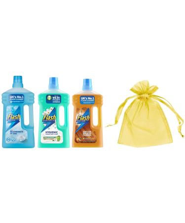 Flash All Purpose & Floor Cleaner Bundle: Cleaner with Bicarbonate of Soda 1L + Antibacterial Apple Blossom 1L + Wood Floor Cleaner Mandarin & Cedarwood 1L + Our Gift for you: Organza Bag 9x7x0.1cm