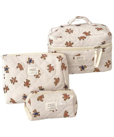 Trousse de Maquillage matelass e 3 pi ces Trousse de Maquillage Ours Mignon Organisateur cosm tiques avec Toilette Voyage Fermeture clair pour Femmes Filles Beige Ensemble