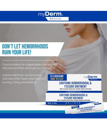 Myderm Medical 5% Lidocaine Hemorrhoidal Ointment - Maximum Strength 1oz Tube - USA Made for Hemorrhoid Relief - Buy Online on GoSupps.com