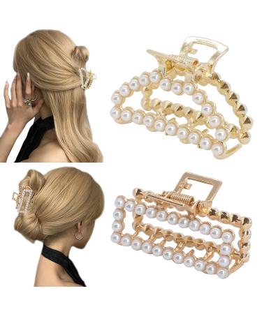 2Pcs Metal Hair Claw Clips With Pearl  Medium Hair Catch Jaw Clamp Small Hair Barrette Nonslip Hair Accessories for Women and Girls