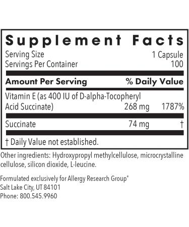 Allergy Research Group Vitamin E Succinate Supplement - for Men & Women 400 IU D-Alpha-Tocopheryl Antioxidant Vegetarian Capsules - 100 Count - Buy Online on GoSupps.com