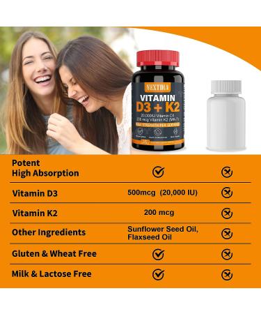 Vitamin D3 20,000 IU + K2 200mcg - Bone & Immune Health Support - 240 Easy-to-Swallow Softgel Servings - Buy Online on GoSupps.com