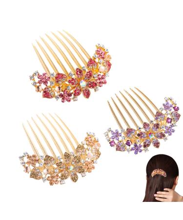 KuuGuu 3 PCS Flower Floral Hair Combs Bridal Wedding Hair Pin Crystal Rhinestones Hairpin Women Hair Side Combs Hair Accessories for Women Pattern_2