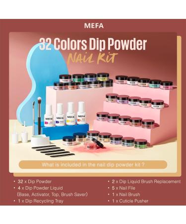 MEFA Dip Powder Nail Kit - 32 Colors Pink Glitter Nude White | All Seasons Dipping Powder Set with Base Top Coat & Activator for French Manicure - Buy Online on GoSupps.com