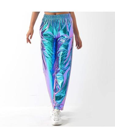 ODIZLI Womens Shiny Metallic High Waist Jogger Pants - Holographic Laser Blue Large - Buy Online on GoSupps.com