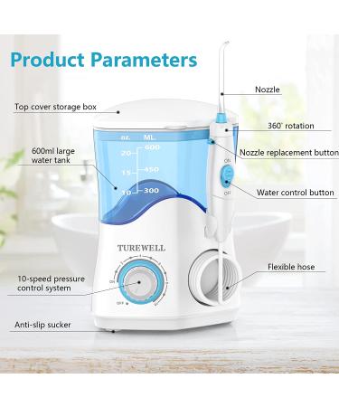 Turewell Water Dental Flosser - 8 Jet Tips, 10 Pressure Levels, 600ML Tank - White - Buy Online on GoSupps.com