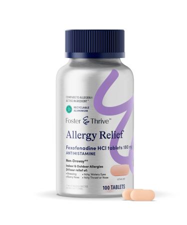Foster & Thrive Fexofenadine HCl Non Drowsy Allergy Relief for Hay Fever Pollen Itchy Eyes and Seasonal Allergies Effective Support for Kids and Adults 180 mg 100 Tablets