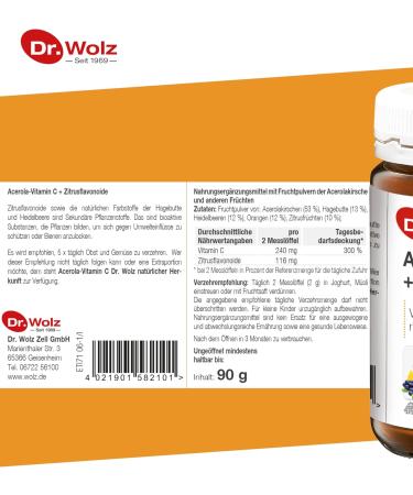  Dr. Wolz Dr. Wolz Acerola Vitamin C + Citrus Flavonoids with Vitamin C and Natural Citrus Flavonoids 90g - Buy Online on GoSupps.com