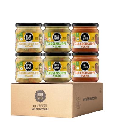 Little lunch organic soup vegan |Meat alternative |Get to know each other |Tasting box |Chicken soup |Goulash soup |Pea soup |Veganuary |Without added sugar |No artificial additives |6 x 350g vegan classics get to know